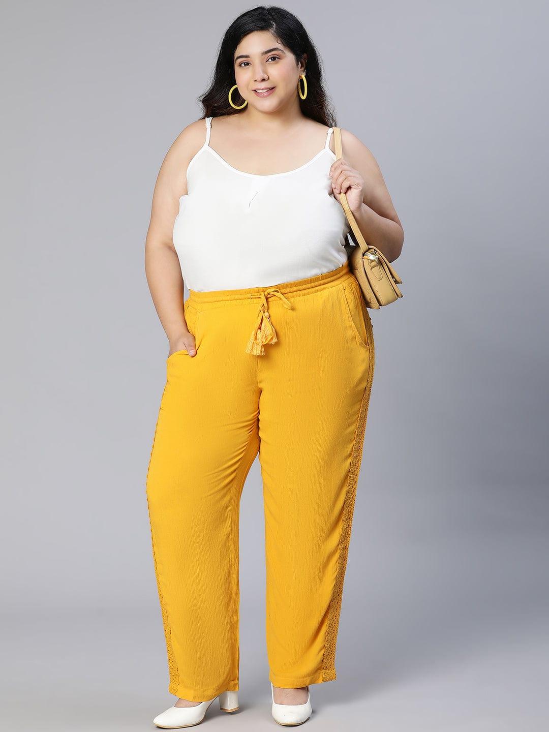 Season Yellow Tie-knotted Laced Women Plus Size Pant