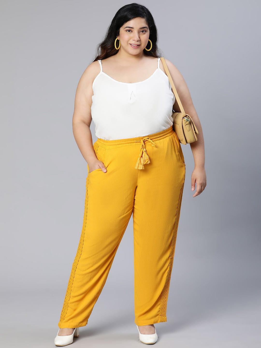 Season Yellow Tie-knotted Laced Women Plus Size Pant