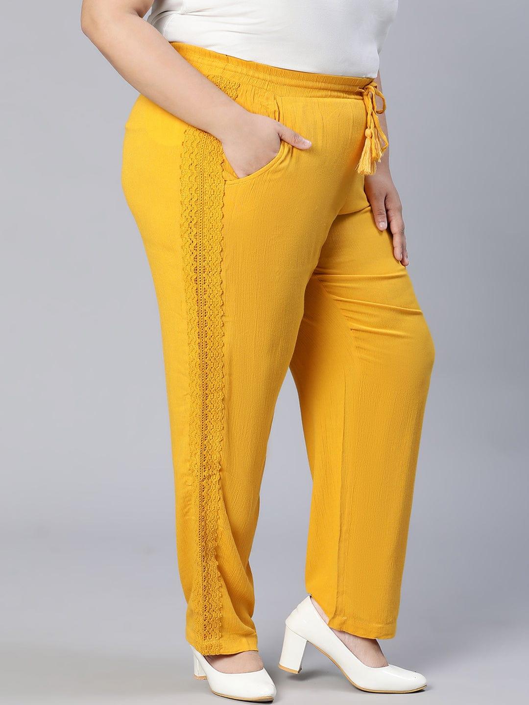 Season Yellow Tie-knotted Laced Women Plus Size Pant