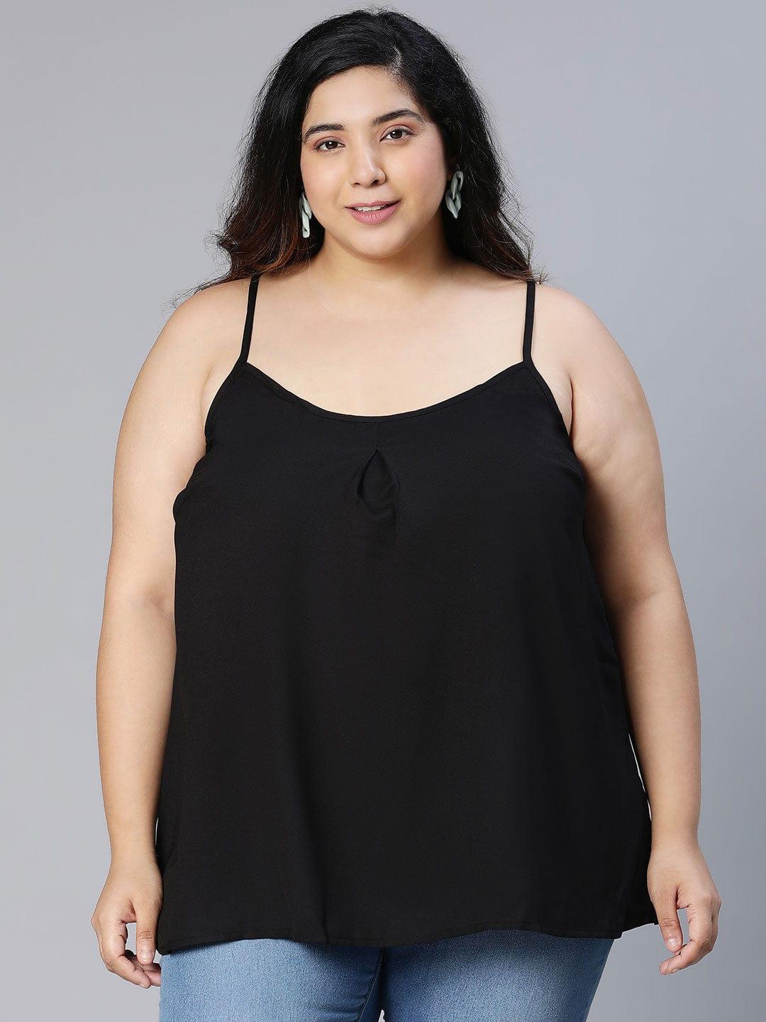 Solid All Black Shoulder Strap Polyester Plus Size Loopy Top