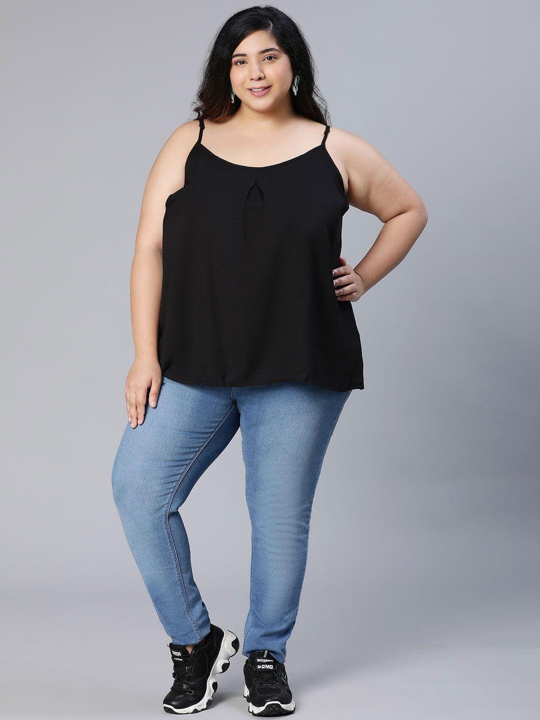 Solid All Black Shoulder Strap Polyester Plus Size Loopy Top