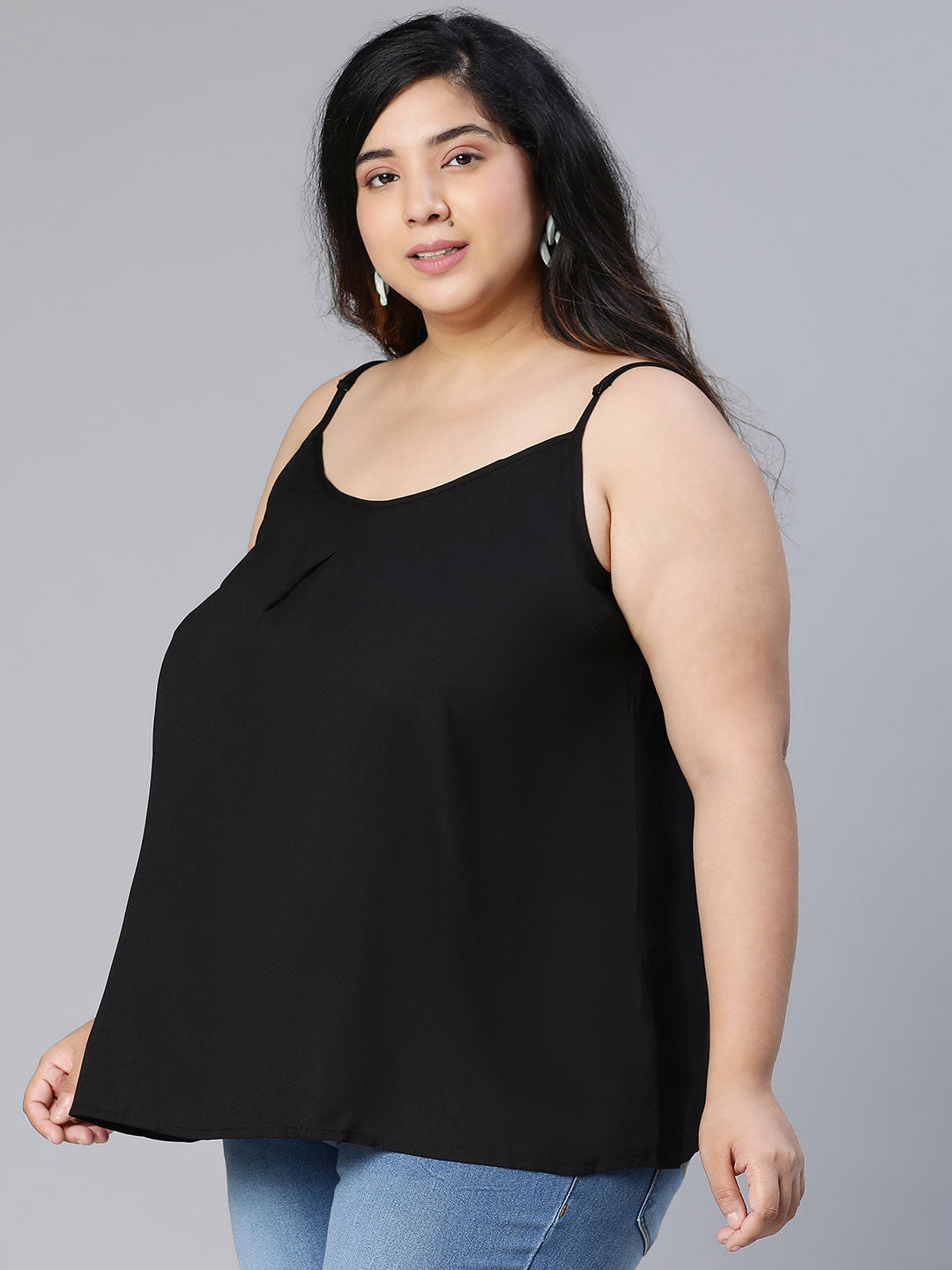 Solid All Black Shoulder Strap Polyester Plus Size Top