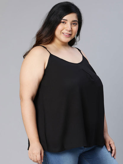 Solid All Black Shoulder Strap Polyester Plus Size Top