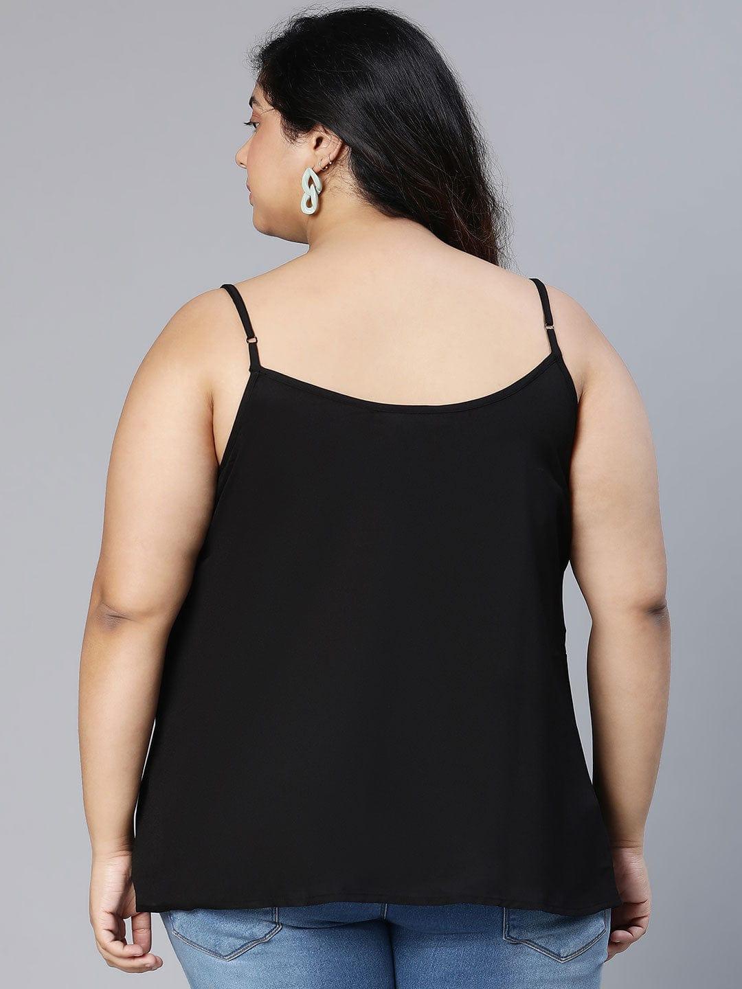 Solid All Black Shoulder Strap Polyester Plus Size Loopy Top