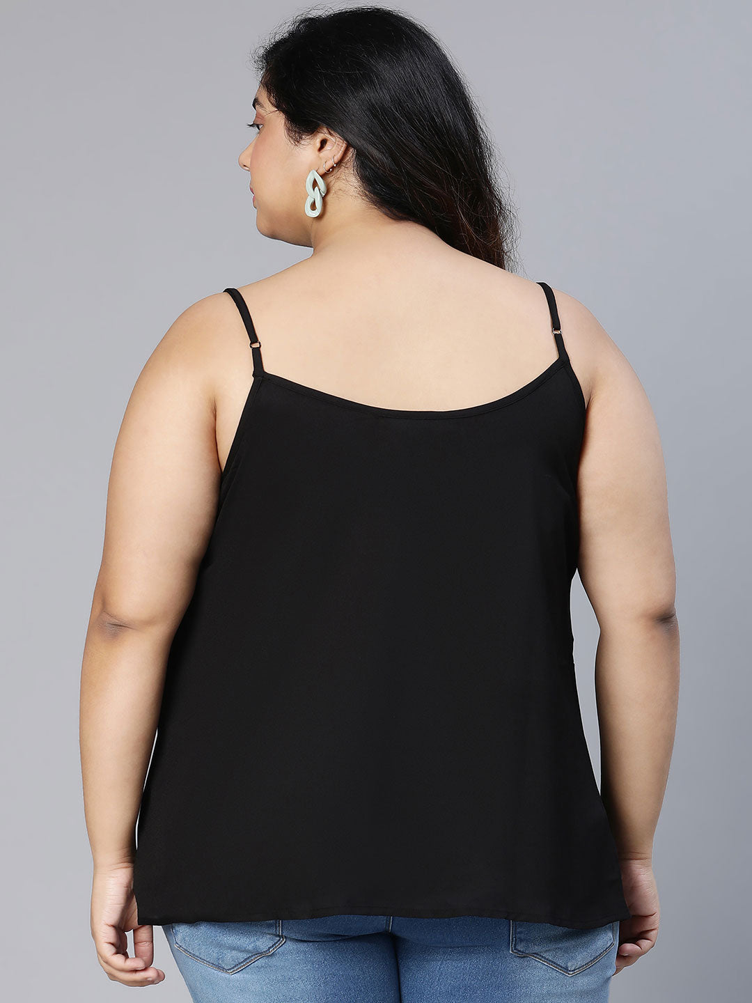 Solid All Black Shoulder Strap Polyester Plus Size Top