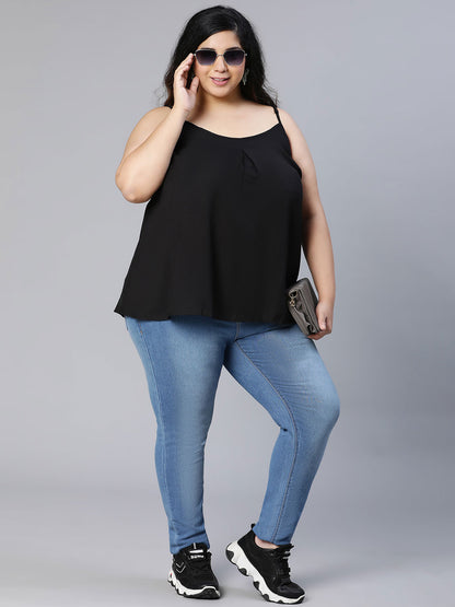 Solid All Black Shoulder Strap Polyester Plus Size Top