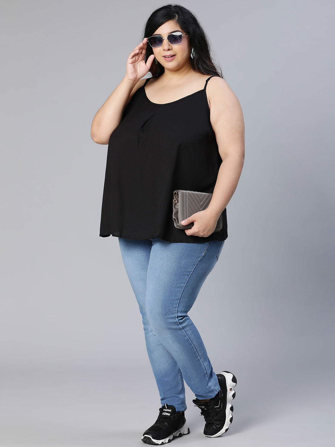 Solid All Black Shoulder Strap Polyester Plus Size Top