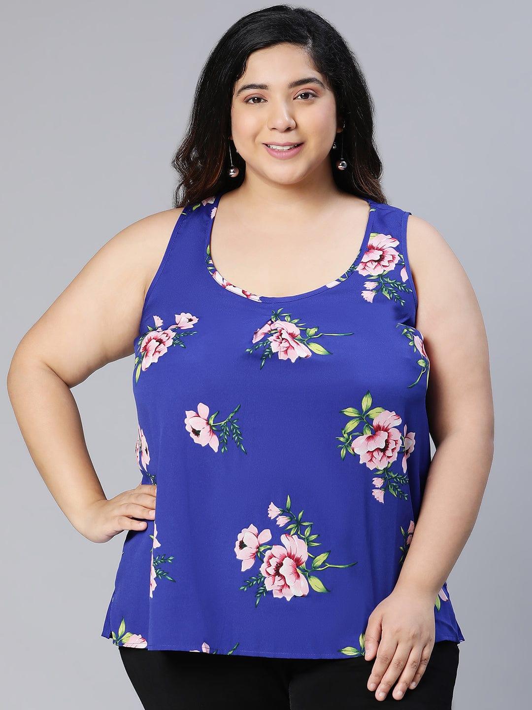 Benzi blue floral print slevelee plus size women Loopy Top