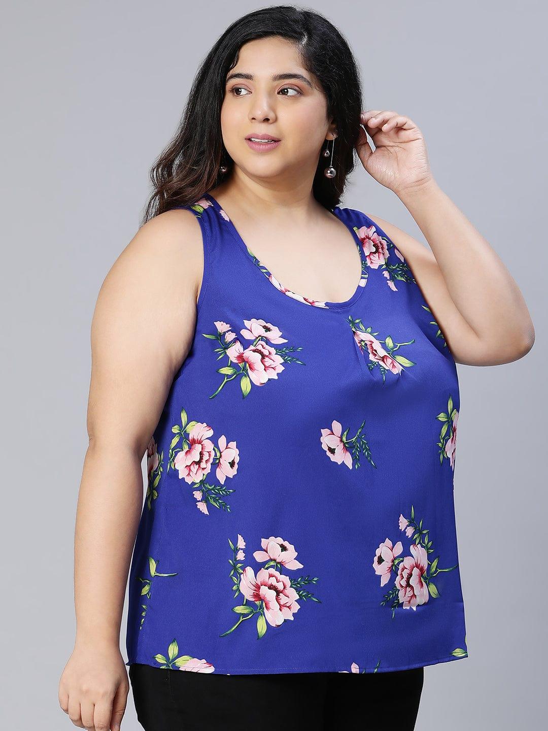 Benzi blue floral print slevelee plus size women Loopy Top