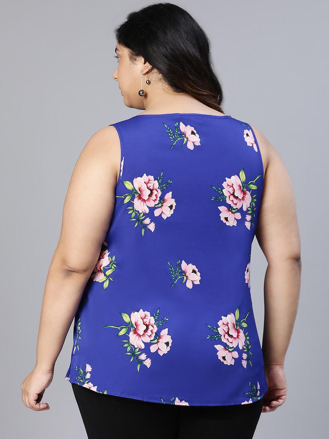 Benzi blue floral print slevelee plus size women Loopy Top