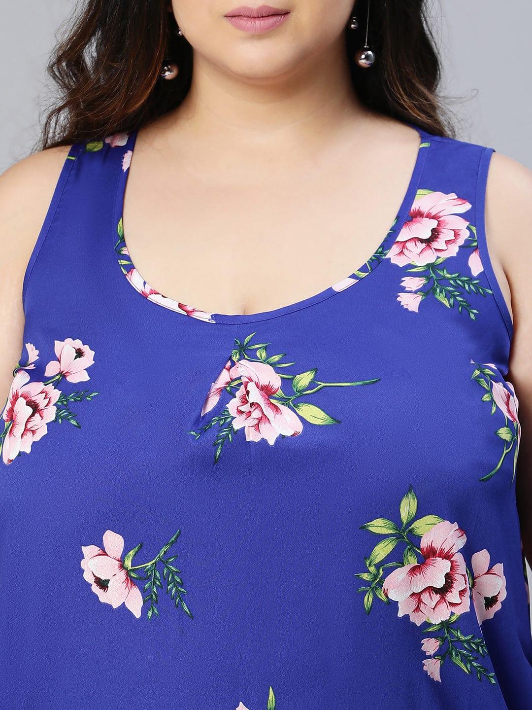 Benzi blue floral print slevelee plus size women Loopy Top