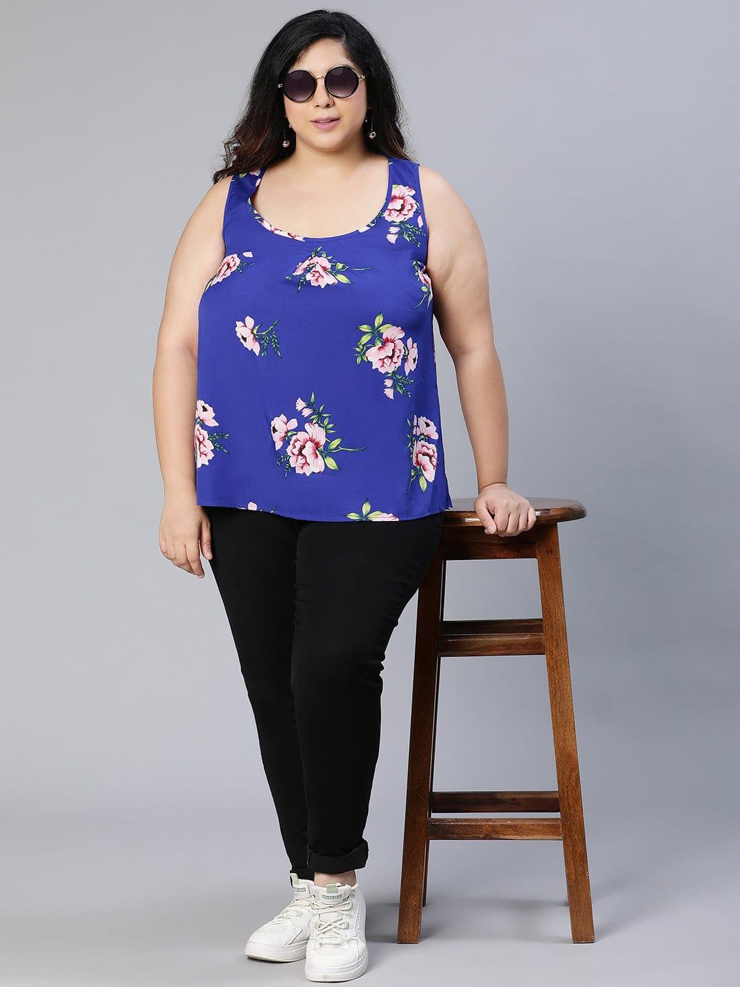 Benzi blue floral print slevelee plus size women Loopy Top