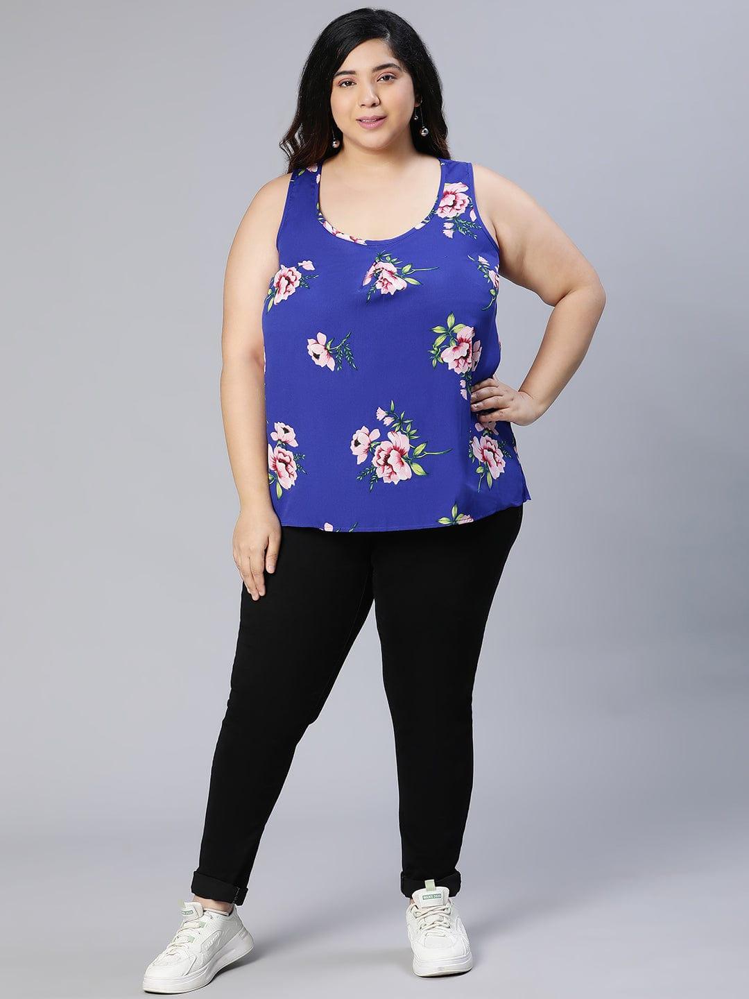Benzi blue floral print slevelee plus size women Loopy Top
