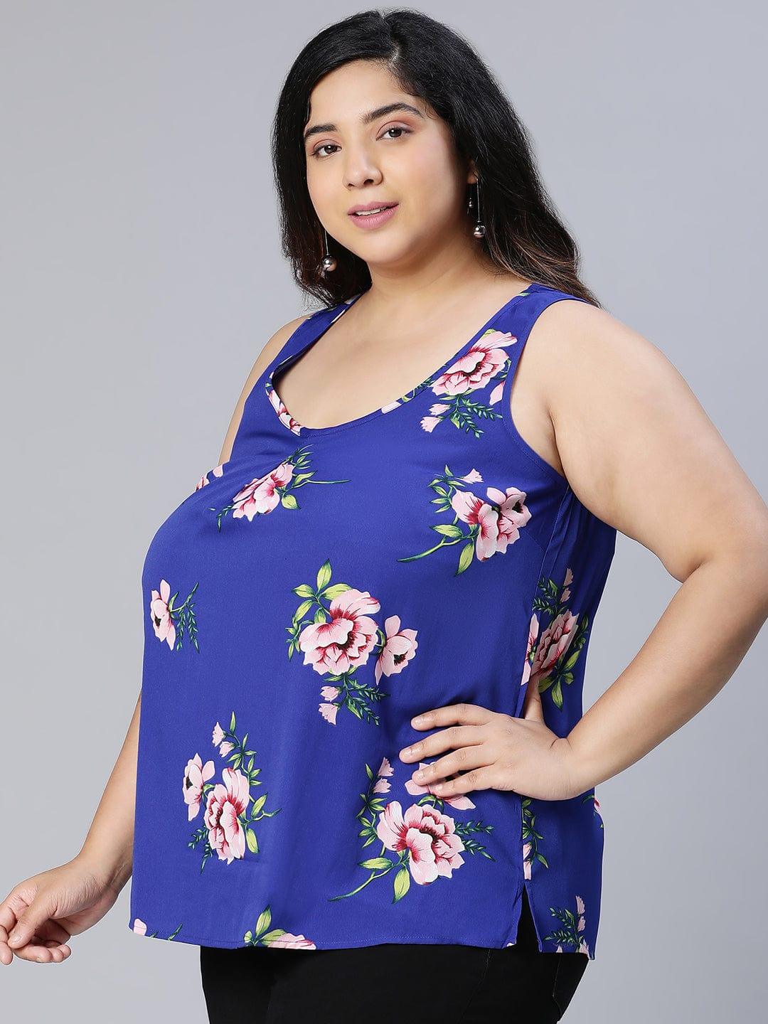 Benzi blue floral print slevelee plus size women Loopy Top