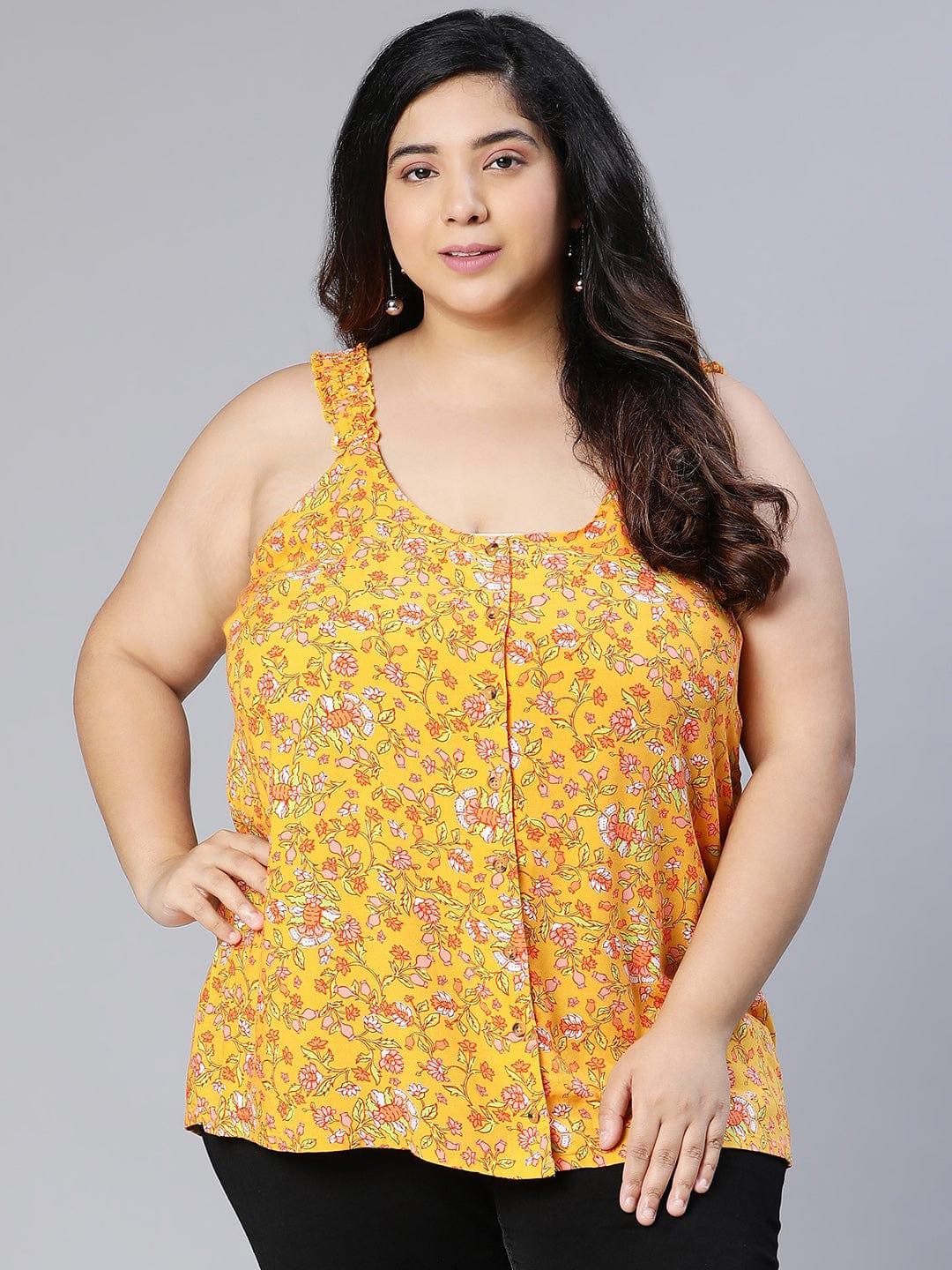 Jacked Yellow Floral Button Detailed Sleeveless Plus Size Women Loopy Top