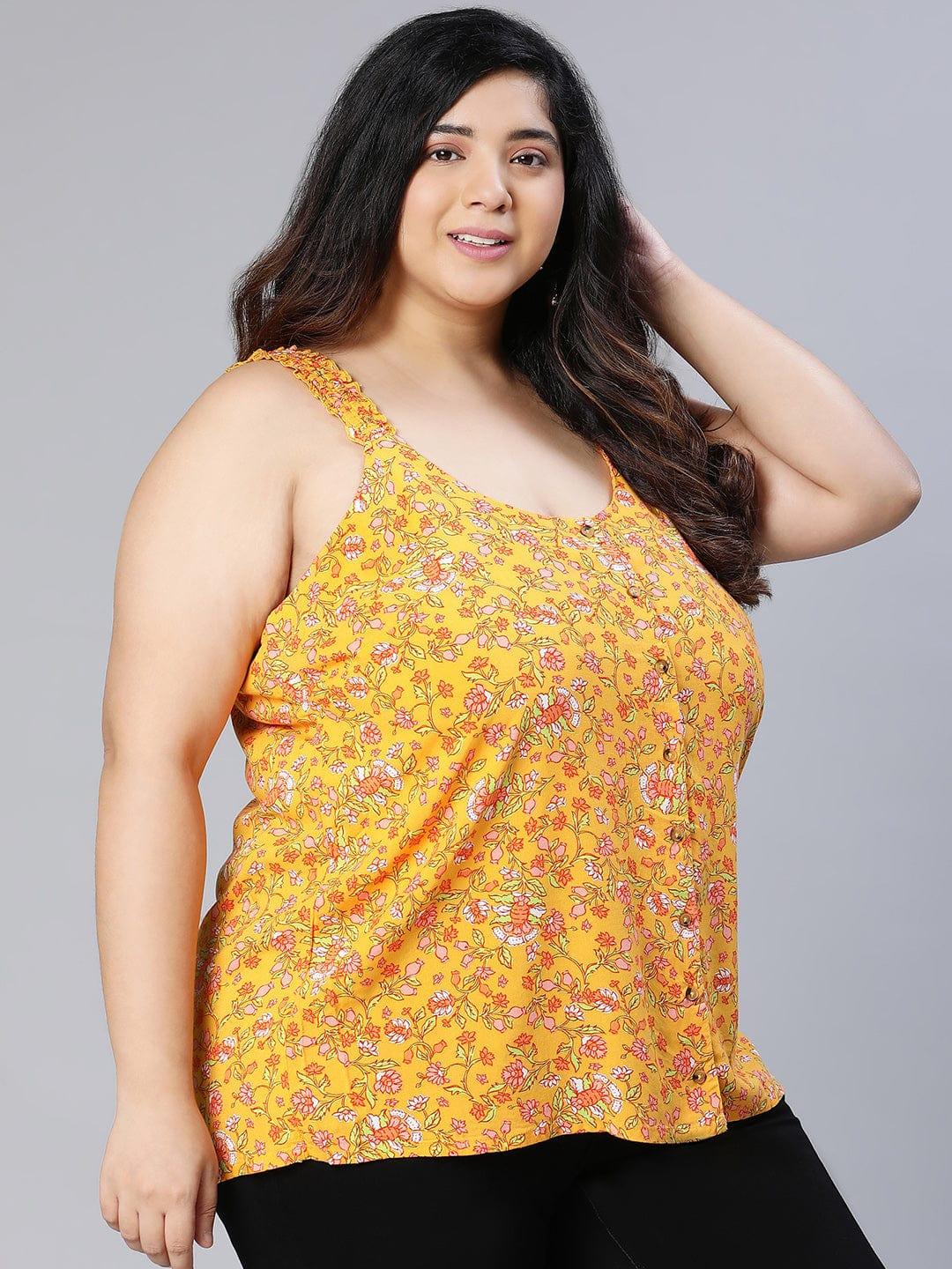 Jacked Yellow Floral Button Detailed Sleeveless Plus Size Women Loopy Top