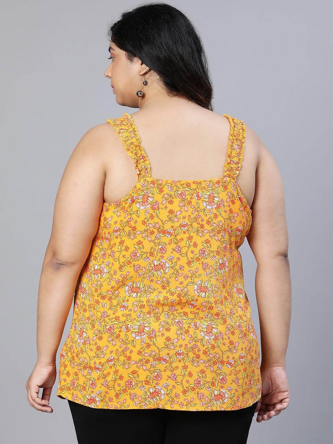 Jacked Yellow Floral Button Detailed Sleeveless Plus Size Women Loopy Top