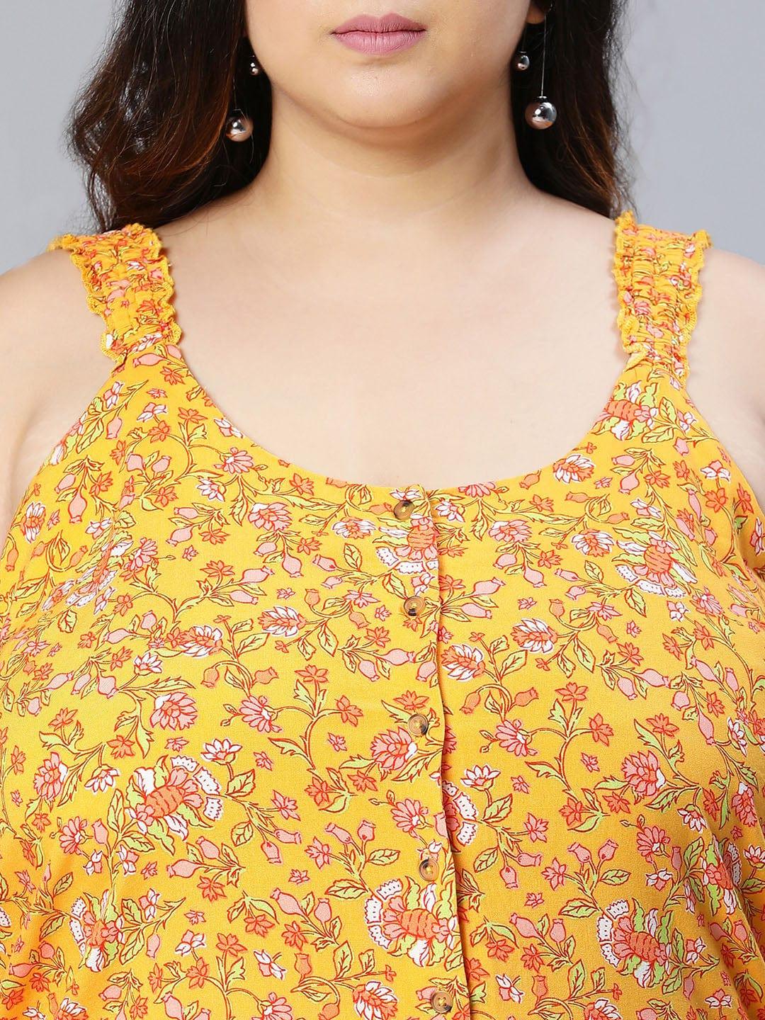 Jacked Yellow Floral Button Detailed Sleeveless Plus Size Women Loopy Top