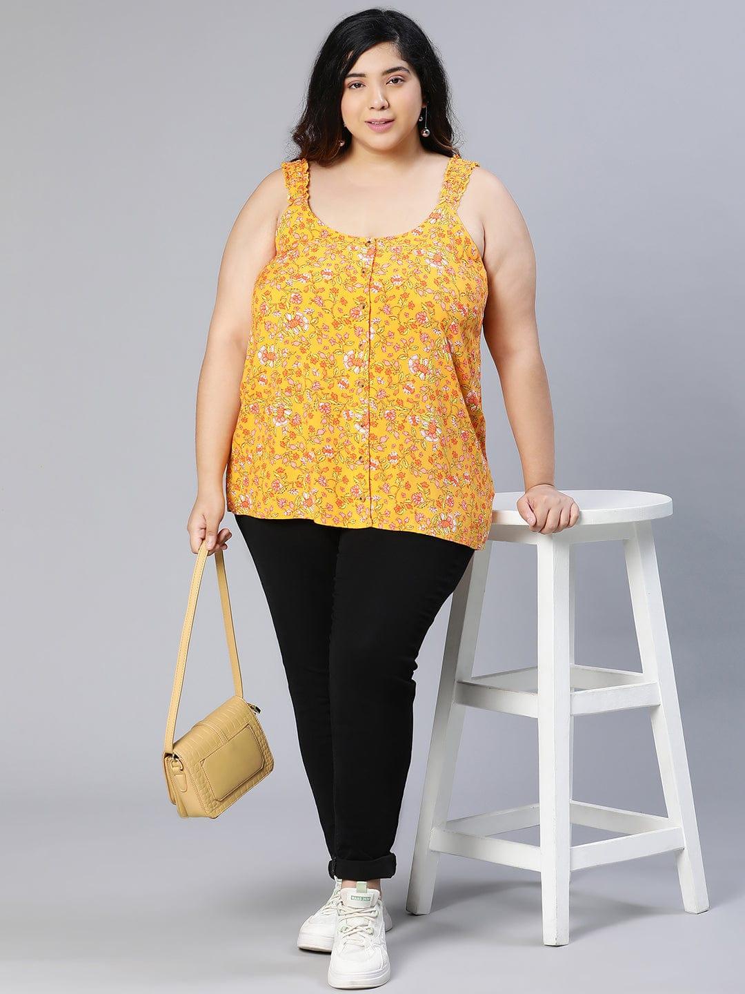 Jacked Yellow Floral Button Detailed Sleeveless Plus Size Women Loopy Top