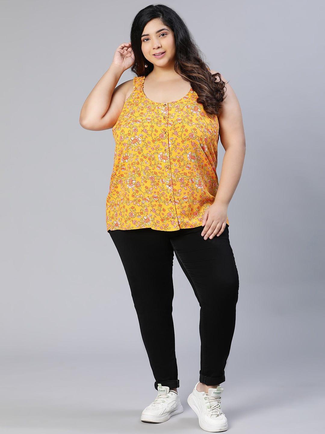 Jacked Yellow Floral Button Detailed Sleeveless Plus Size Women Loopy Top