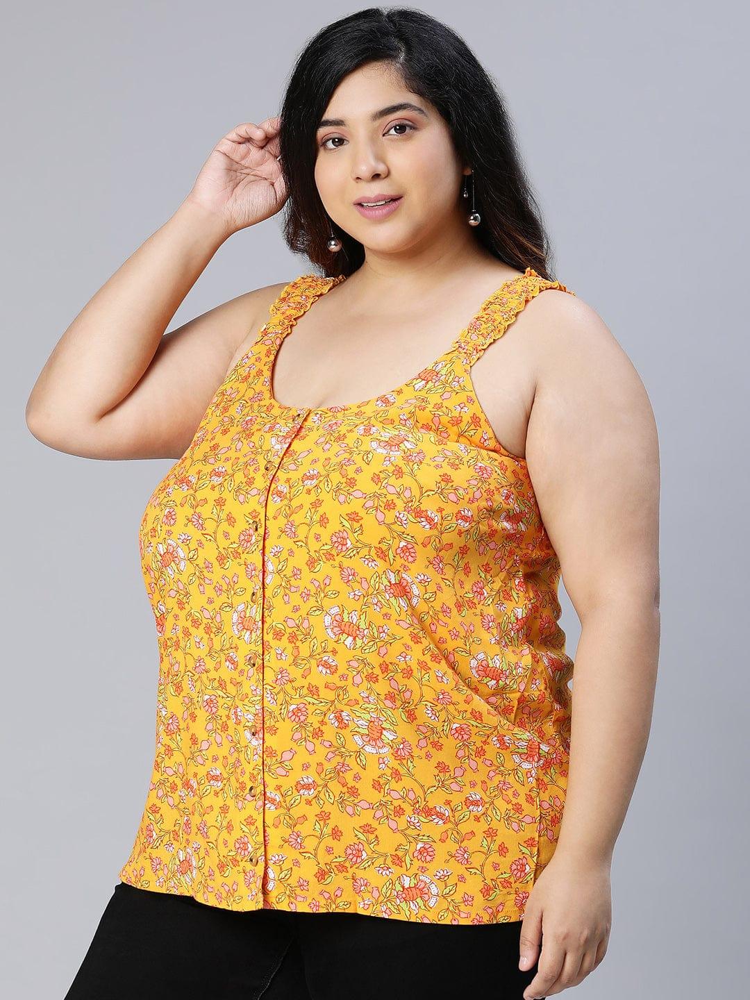 Jacked Yellow Floral Button Detailed Sleeveless Plus Size Women Loopy Top