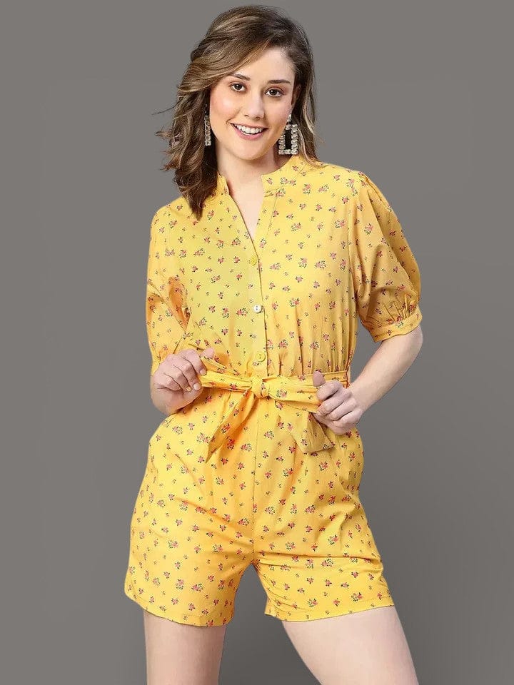 Women Yellow Floral Print Tie-Knot Polyester Belted Playsuit