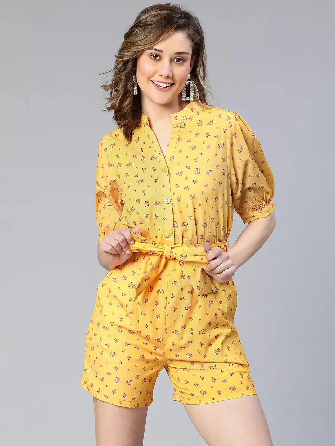 Women Yellow Floral Print Tie-Knot Polyester Belted Playsuit - oxolloxo