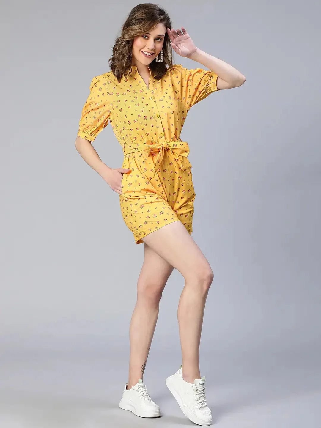 Women Yellow Floral Print Tie-Knot Polyester Belted Playsuit - oxolloxo