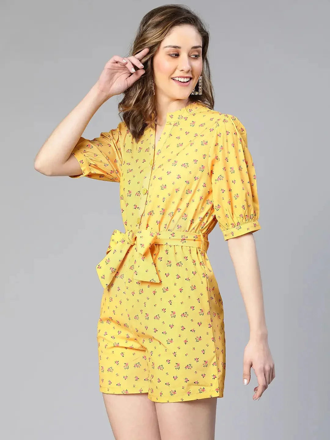 Women Yellow Floral Print Tie-Knot Polyester Belted Playsuit - oxolloxo