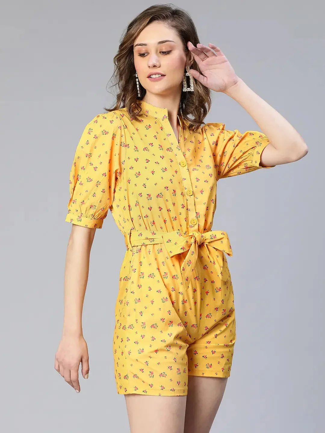 Women Yellow Floral Print Tie-Knot Polyester Belted Playsuit - oxolloxo
