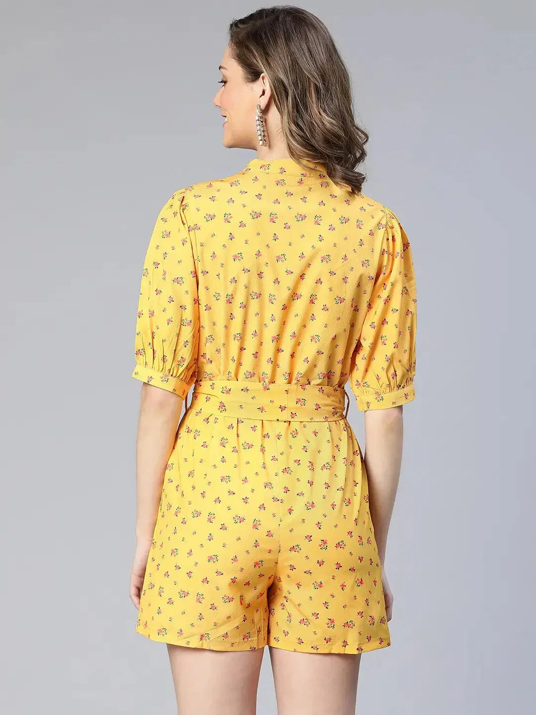 Women Yellow Floral Print Tie-Knot Polyester Belted Playsuit - oxolloxo
