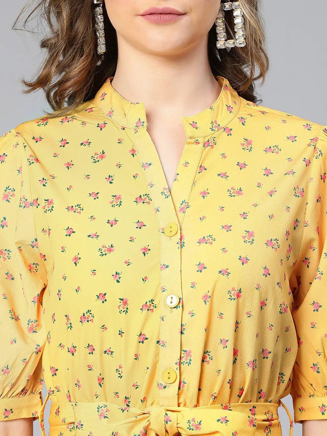 Women Yellow Floral Print Tie-Knot Polyester Belted Playsuit - oxolloxo