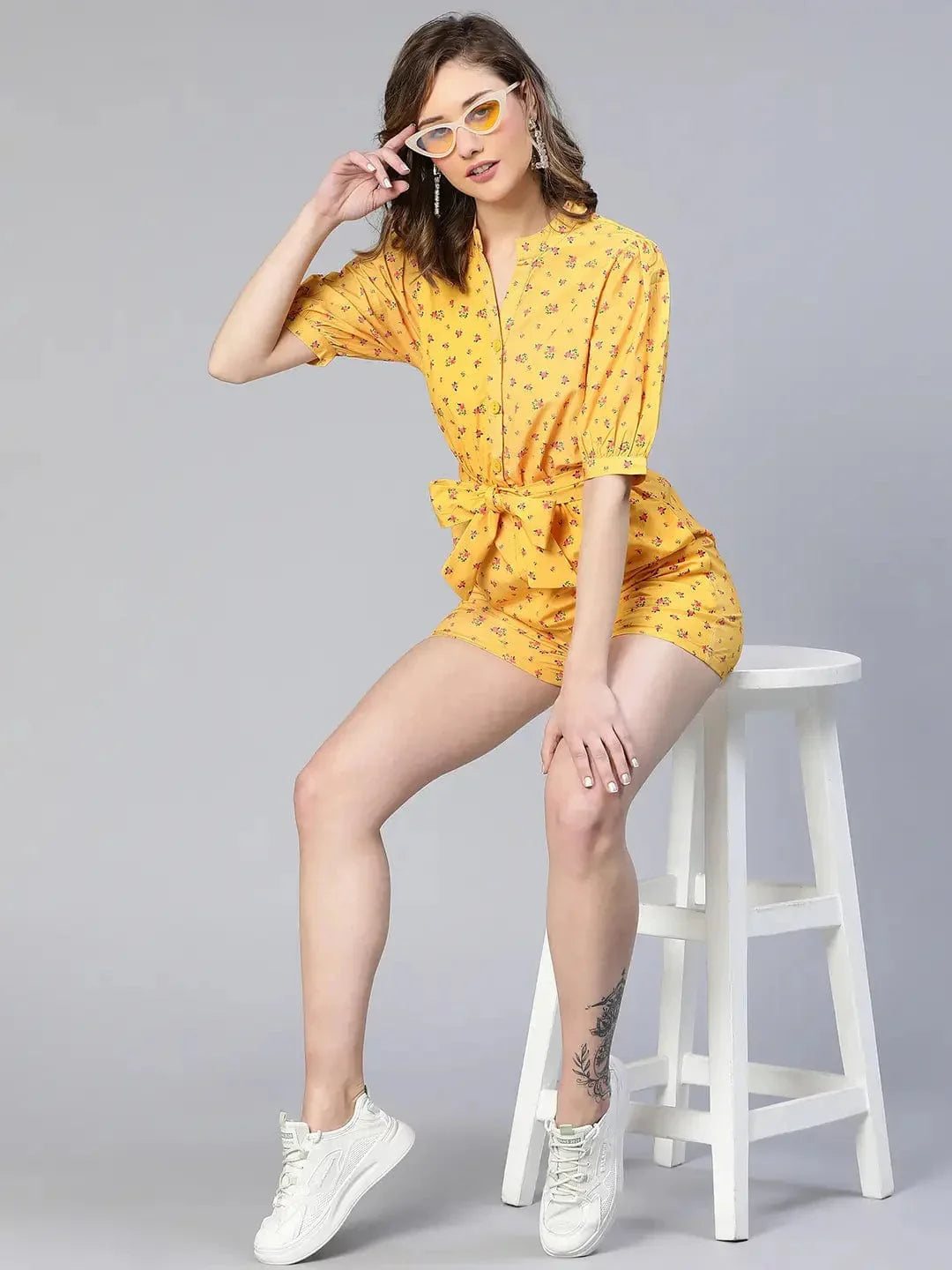 Women Yellow Floral Print Tie-Knot Polyester Belted Playsuit - oxolloxo