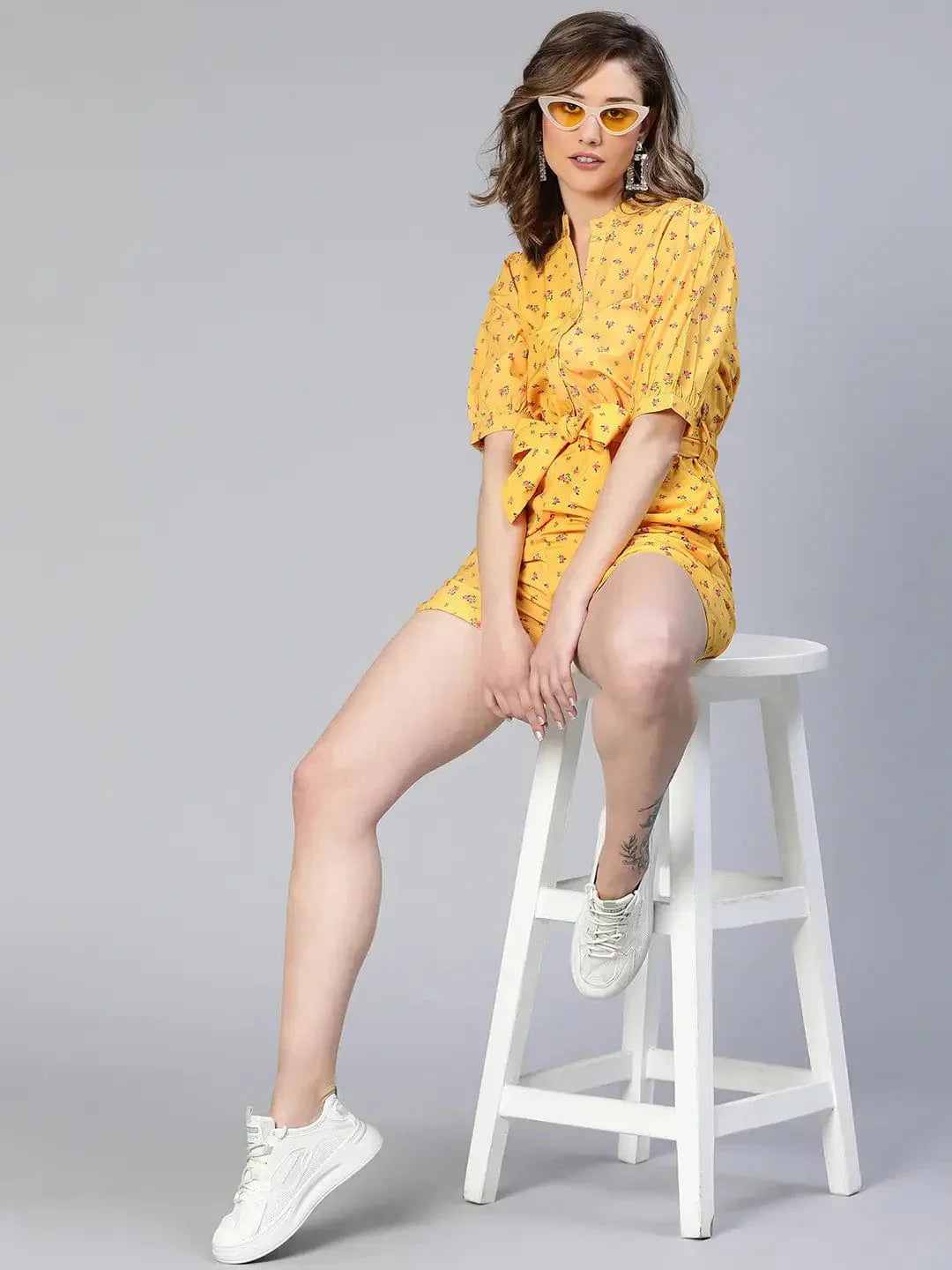 Women Yellow Floral Print Tie-Knot Polyester Belted Playsuit - oxolloxo