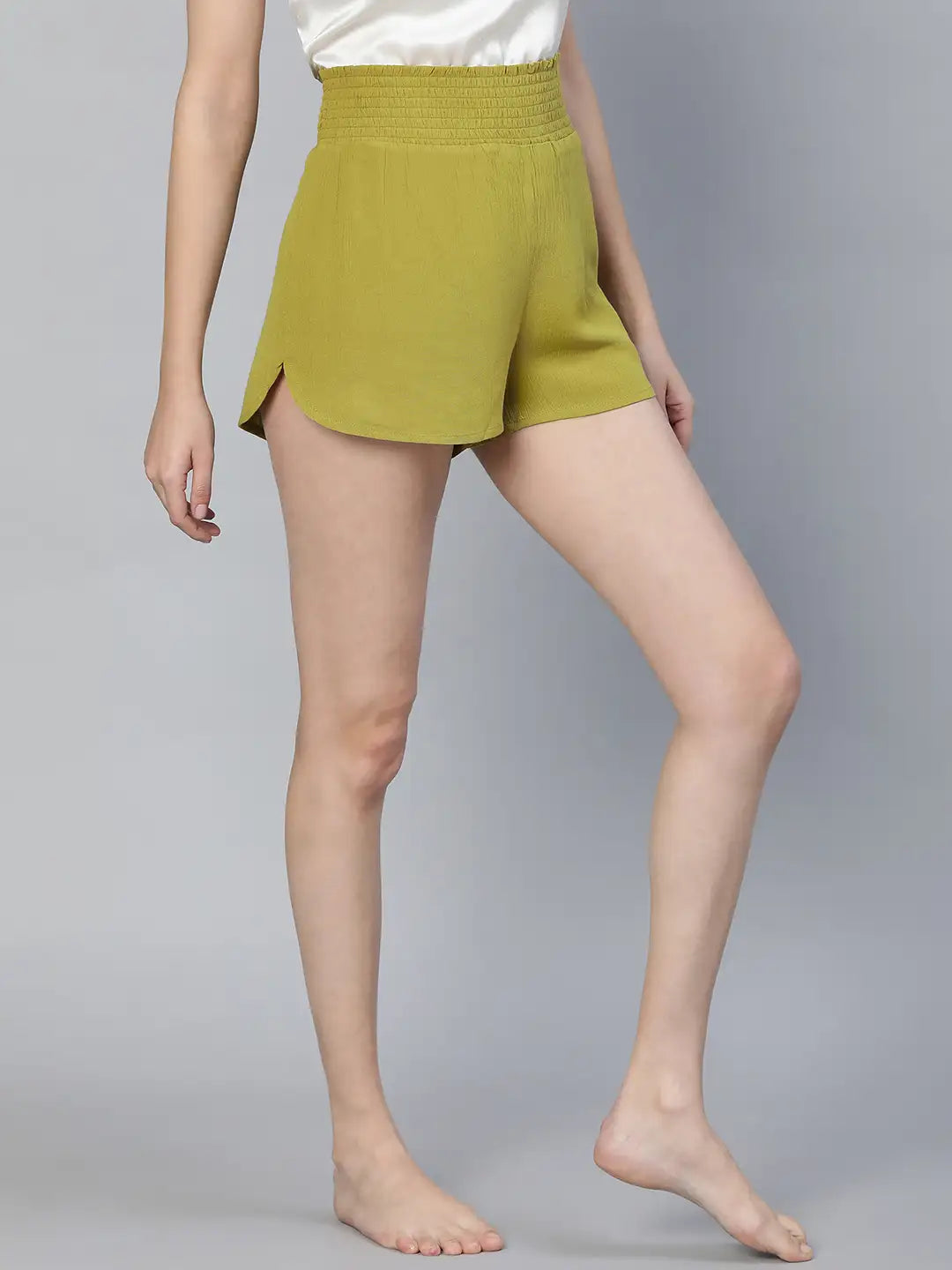 Tangle Olive Color Elasticated High Waist Women Nightwear Shorts