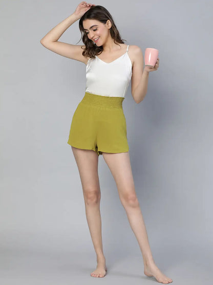 Tangle Olive Color Elasticated High Waist Women Nightwear Shorts