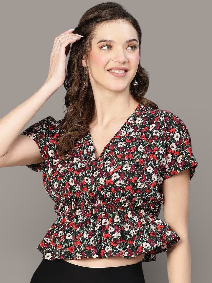 Floral Print Top - Women's Multicolored Polyester Blouse With Elasticated Waist