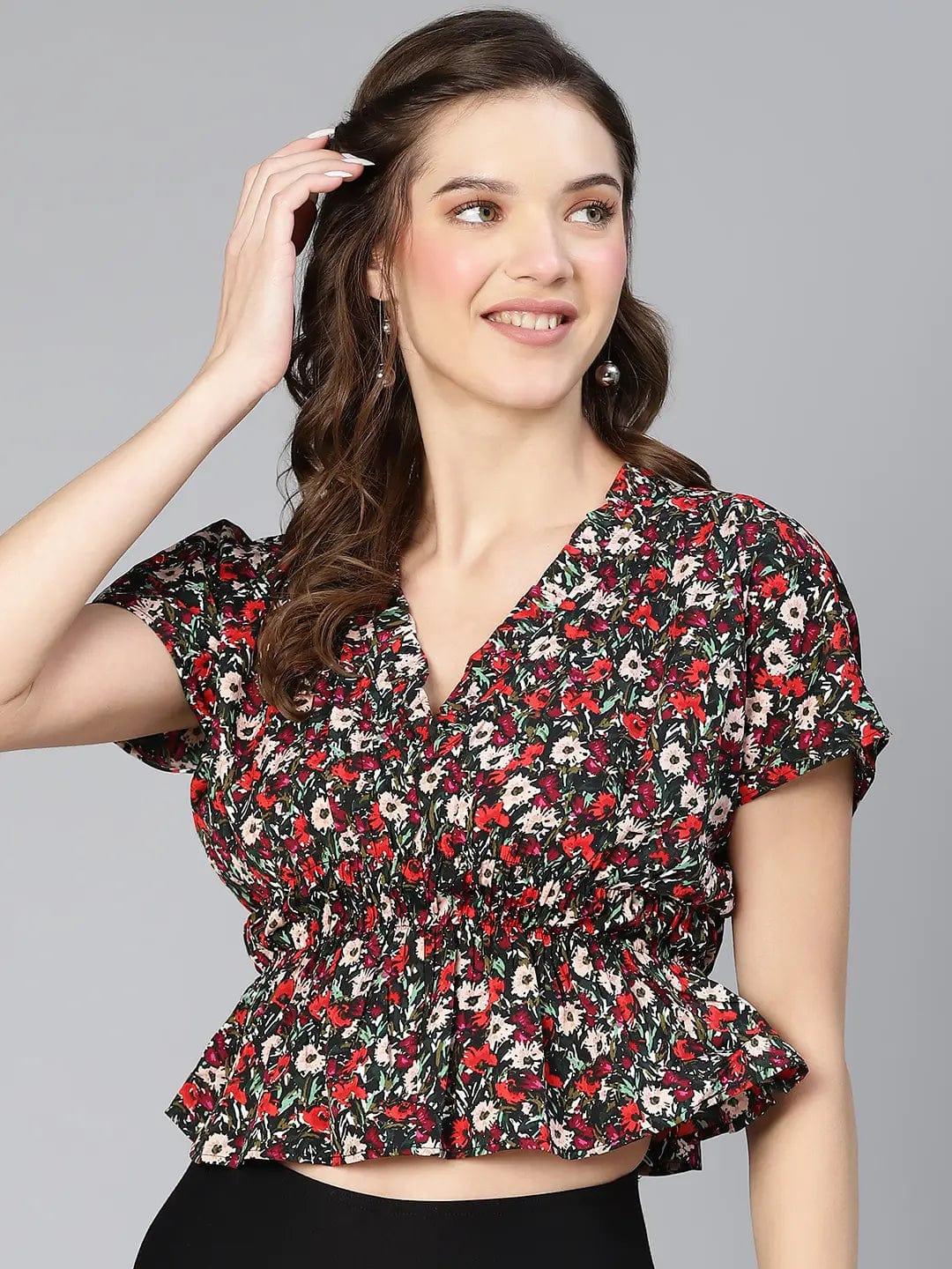 Women Multicolored Floral Print Elasticated Polyester Top - oxolloxo