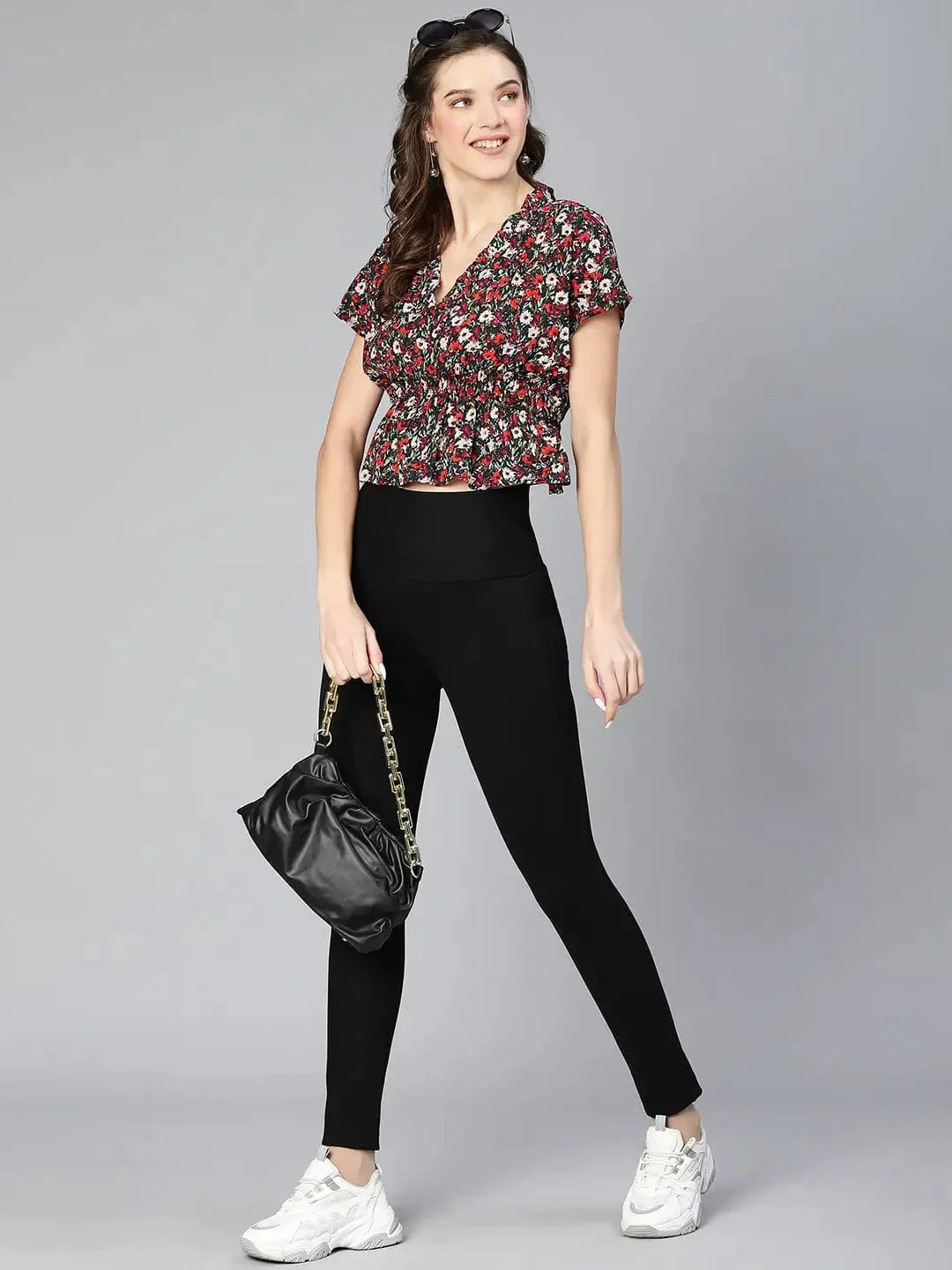 Women Multicolored Floral Print Elasticated Polyester Top - oxolloxo