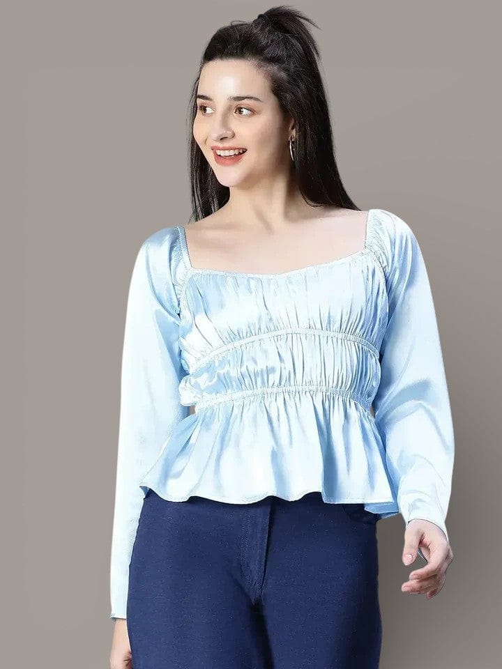 Blue Satin Top - Women's Party Top With Elasticated Waist & Round Neck Blouse