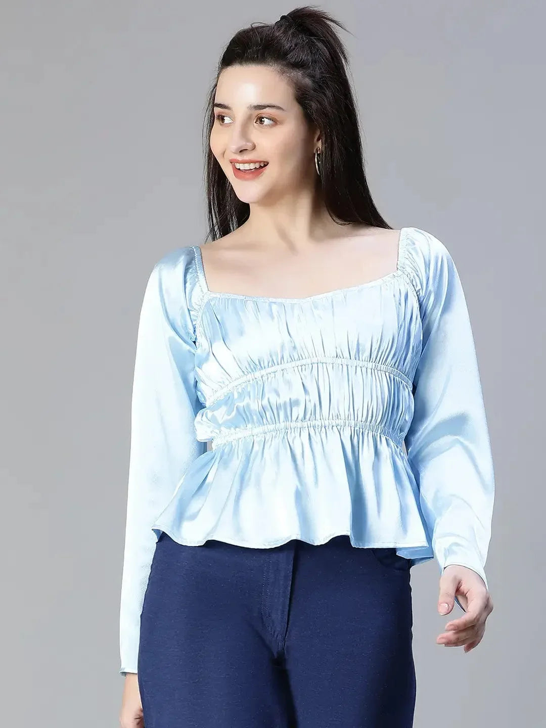 Women Soild Satin Blue Elasticated Round Neck Short Sleeve Top - oxolloxo