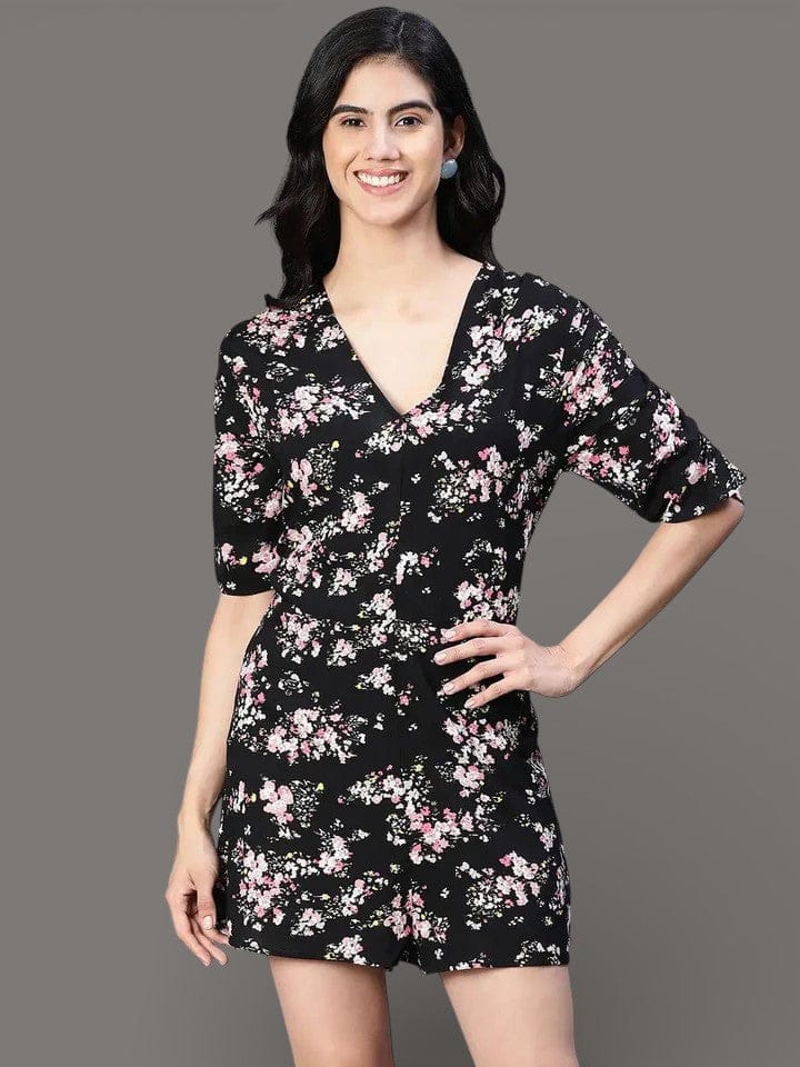 Slaying Black Floral Print V-Neck Women Playsuit