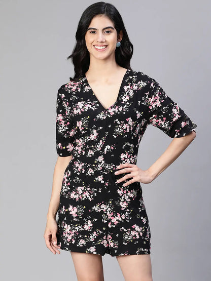 Slaying Black Floral Print V-Neck Women Playsuit