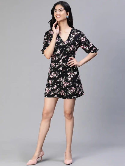 Slaying Black Floral Print V-Neck Women Playsuit