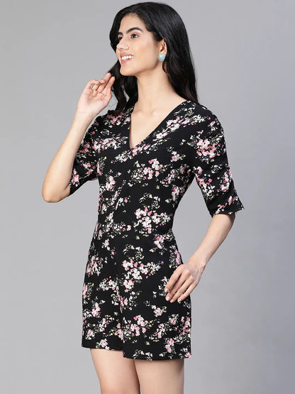 Slaying Black Floral Print V-Neck Women Playsuit