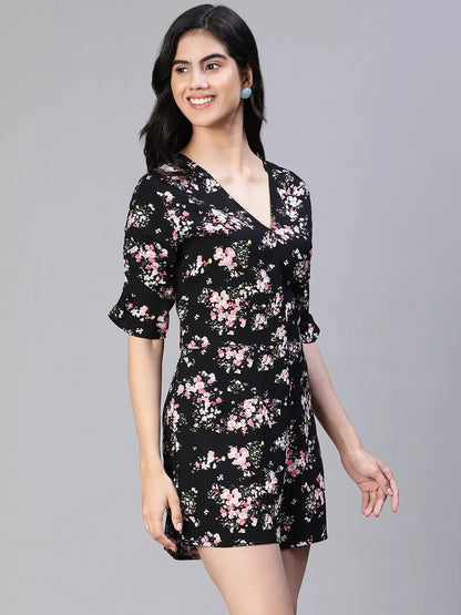 Slaying Black Floral Print V-Neck Women Playsuit