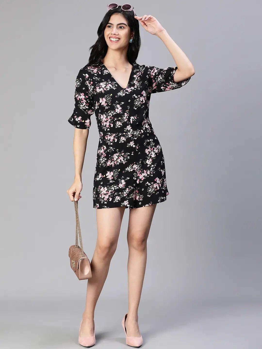 Slaying Black Floral Print V-Neck Women Playsuit