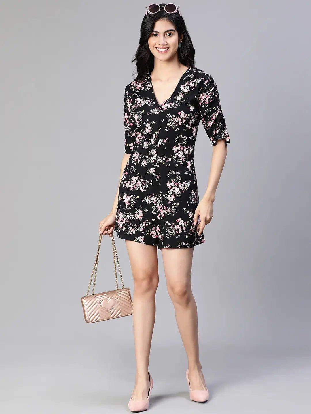 Slaying Black Floral Print V-Neck Women Playsuit