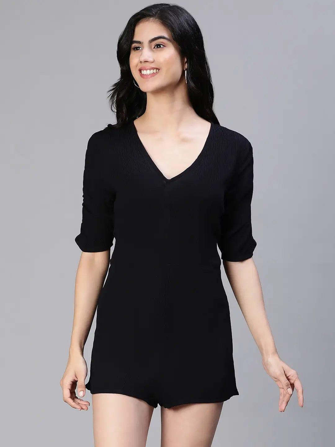 Barre Solid Black V-Neck Women Playsuit