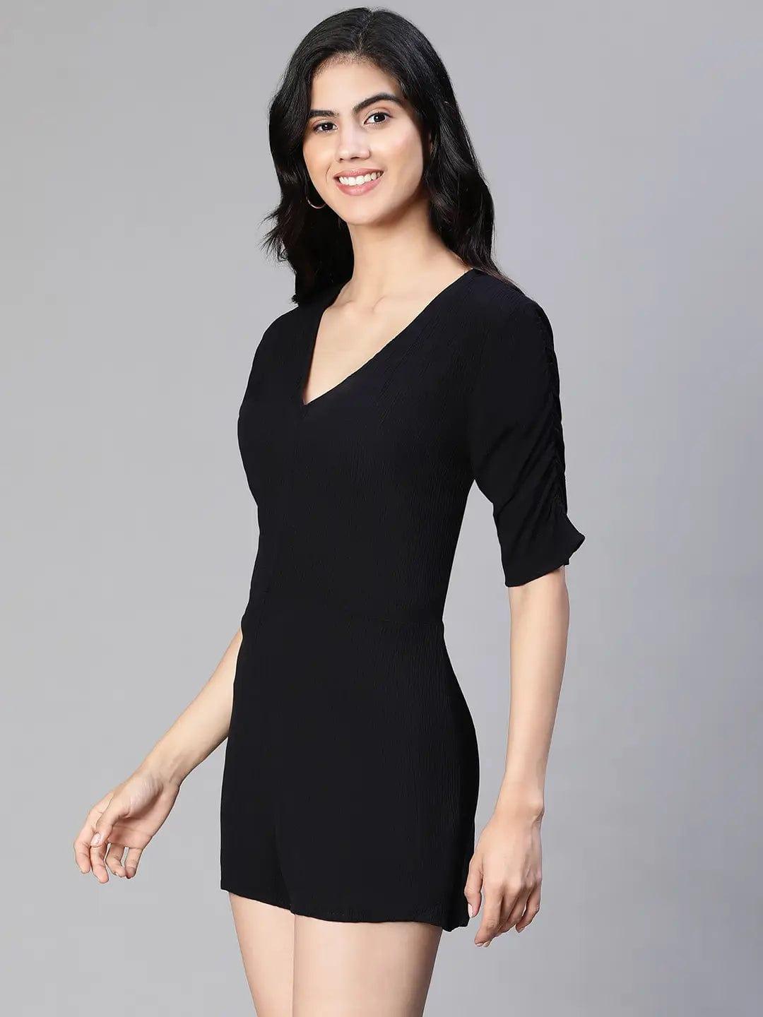 Barre Solid Black V-Neck Women Playsuit